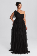 Curveins Plus Size Mesh One-Shoulder Cocktail Dress