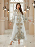 Middle Eastern Women's New Fabric Printed Embellished Dress, Arabic Long Robe Evening Gown Abayas Full Beaded Jalabiya, Abayas For Eid