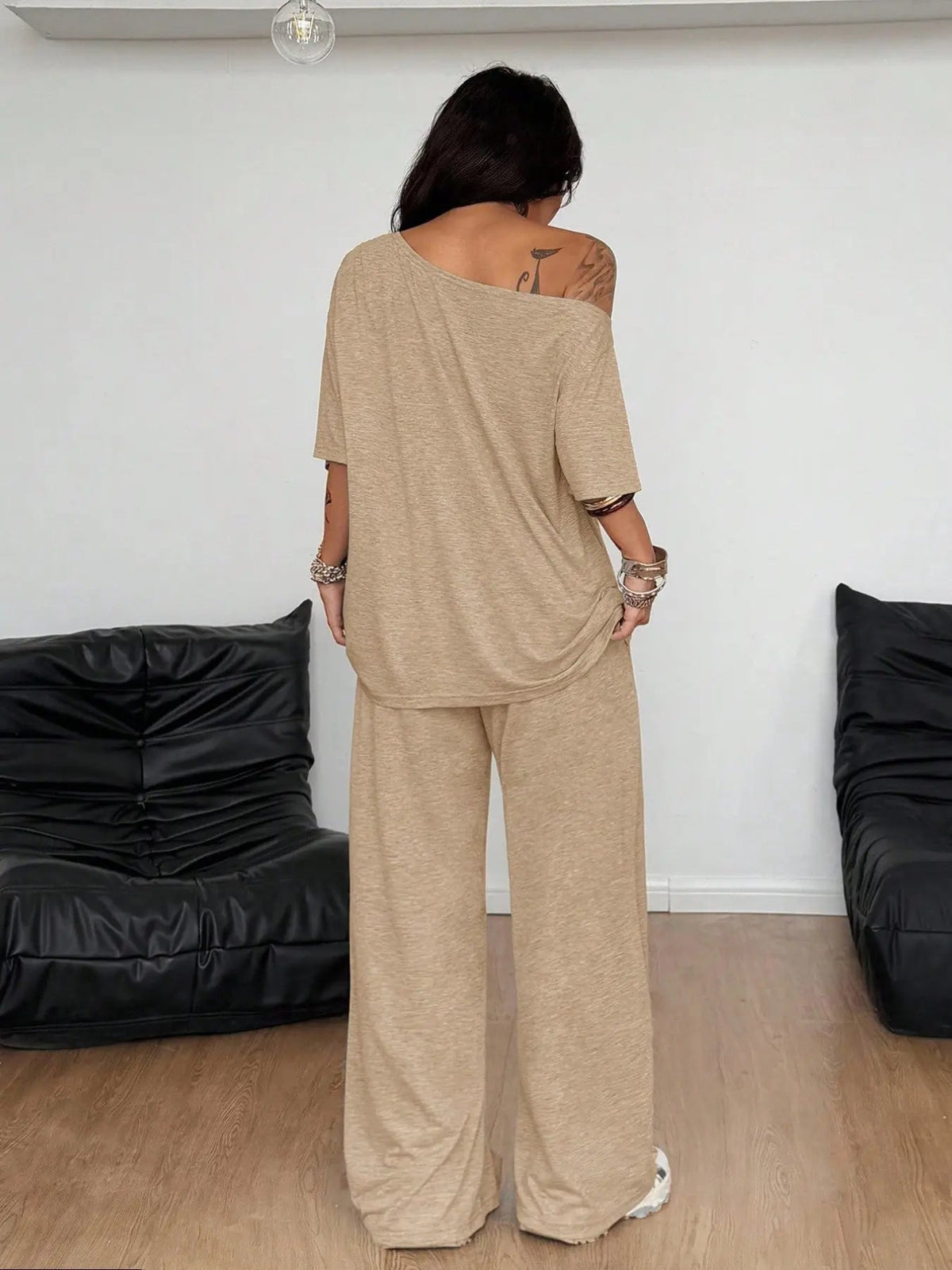 Women's Casual Solid Color Sport Two-Piece Set, Loose Long Pants & Wide Leg Slant Neck Pant Suit, Spring & Fall Fashion