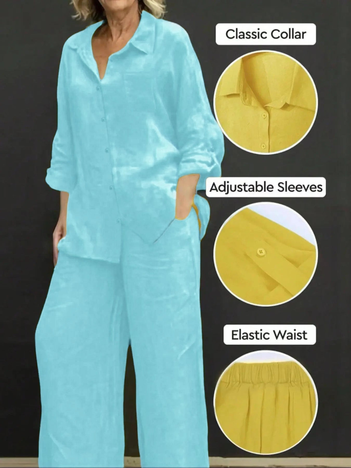 Women's Solid Color Shirt & Wide Leg Pants Set, Casual Fashion Cozy Breathable Two-piece Outfits for Daily Outdoor Wear, Women Clothes for Spring Fall