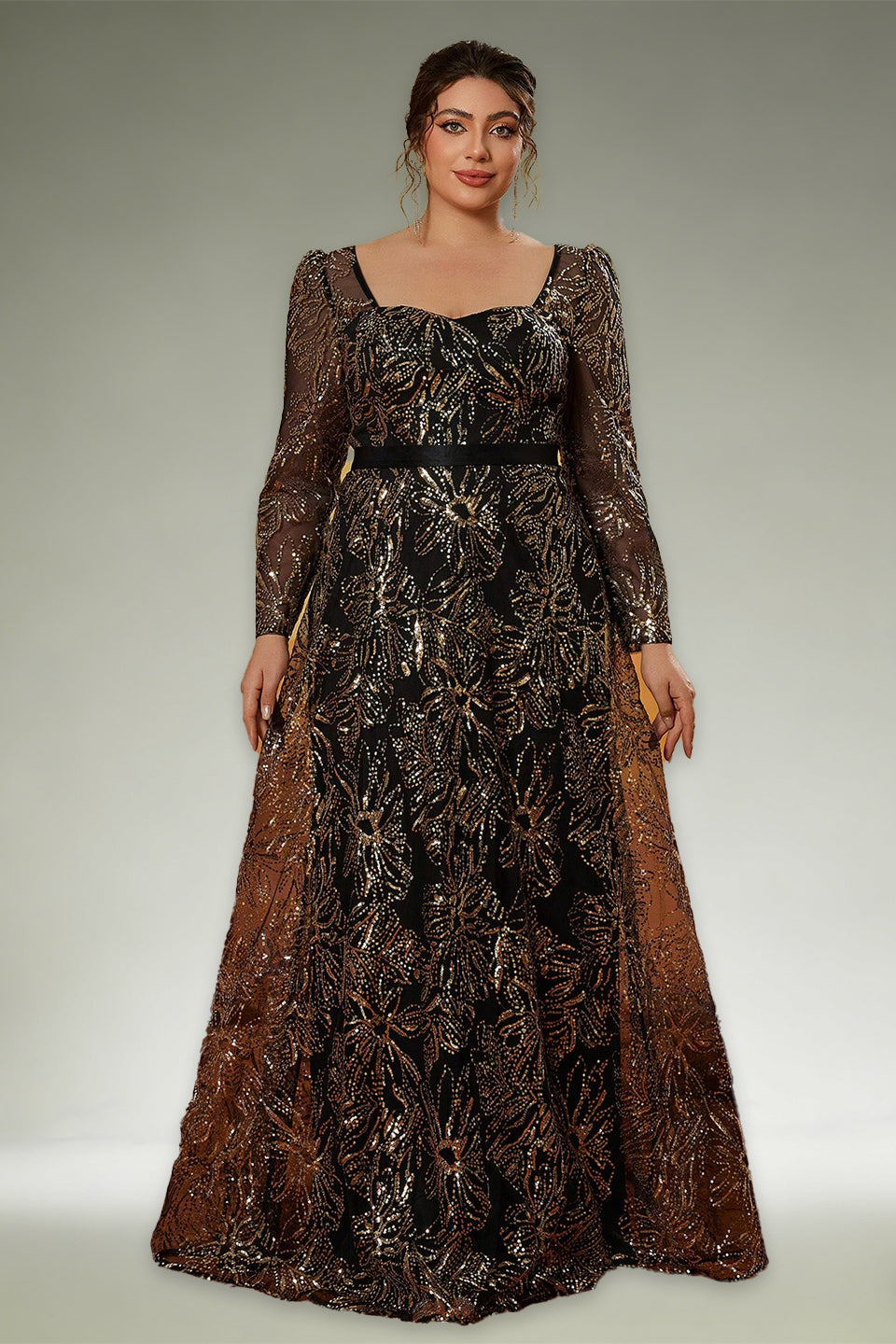 Curveins Plus Size Square Neck Long Sleeve Waist-Defined Sequin Pattern Dress