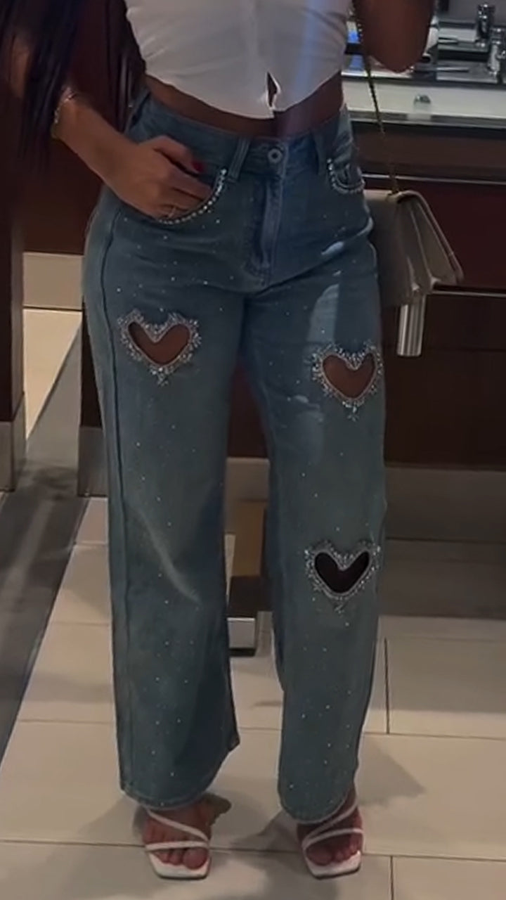 Women Heart-shaped Hollow Hot Diamond Washed Casual Jeans