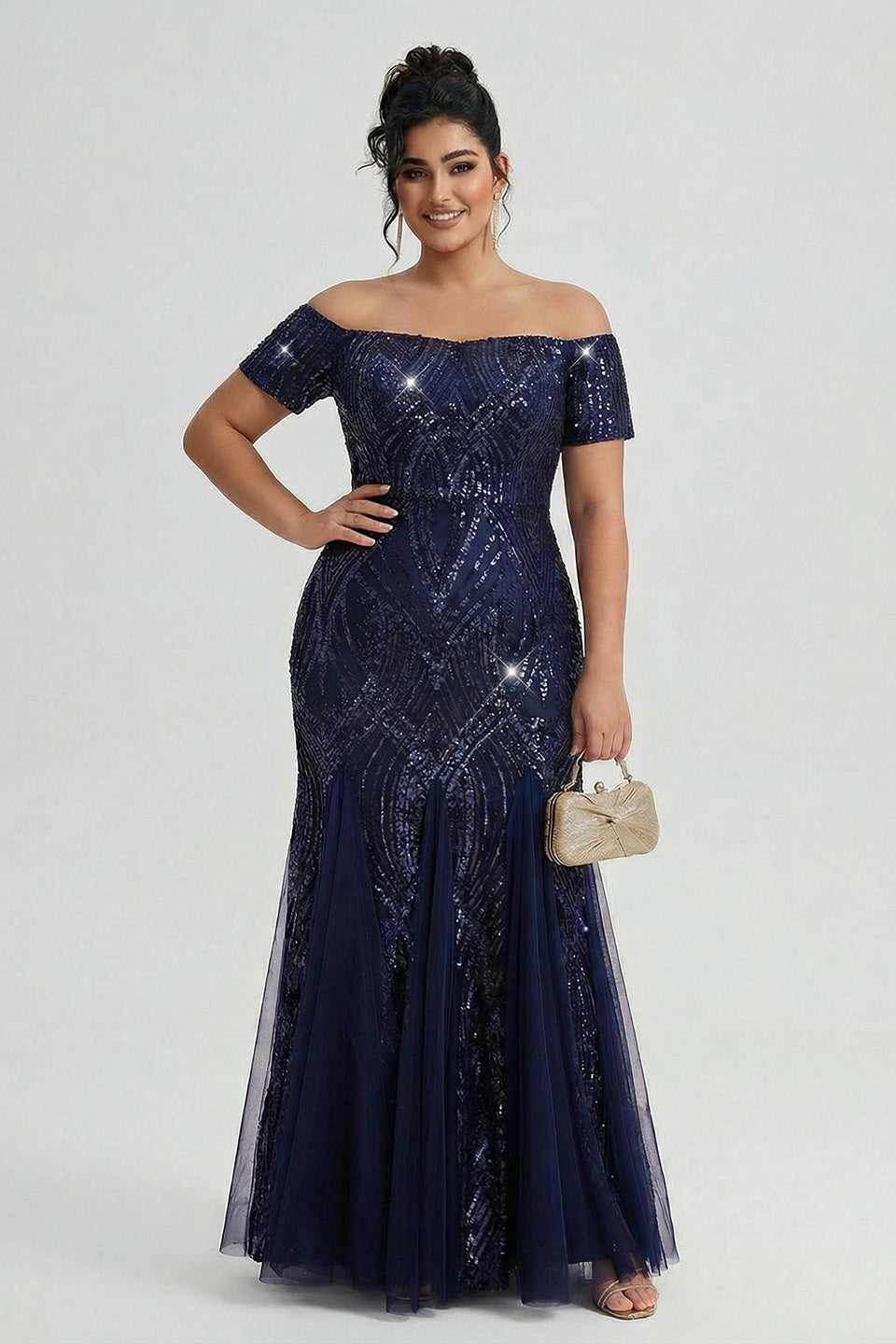 Curveins Plus Size Off-Shoulder Sequin Bodycon Maxi Dress with Pleated Hem