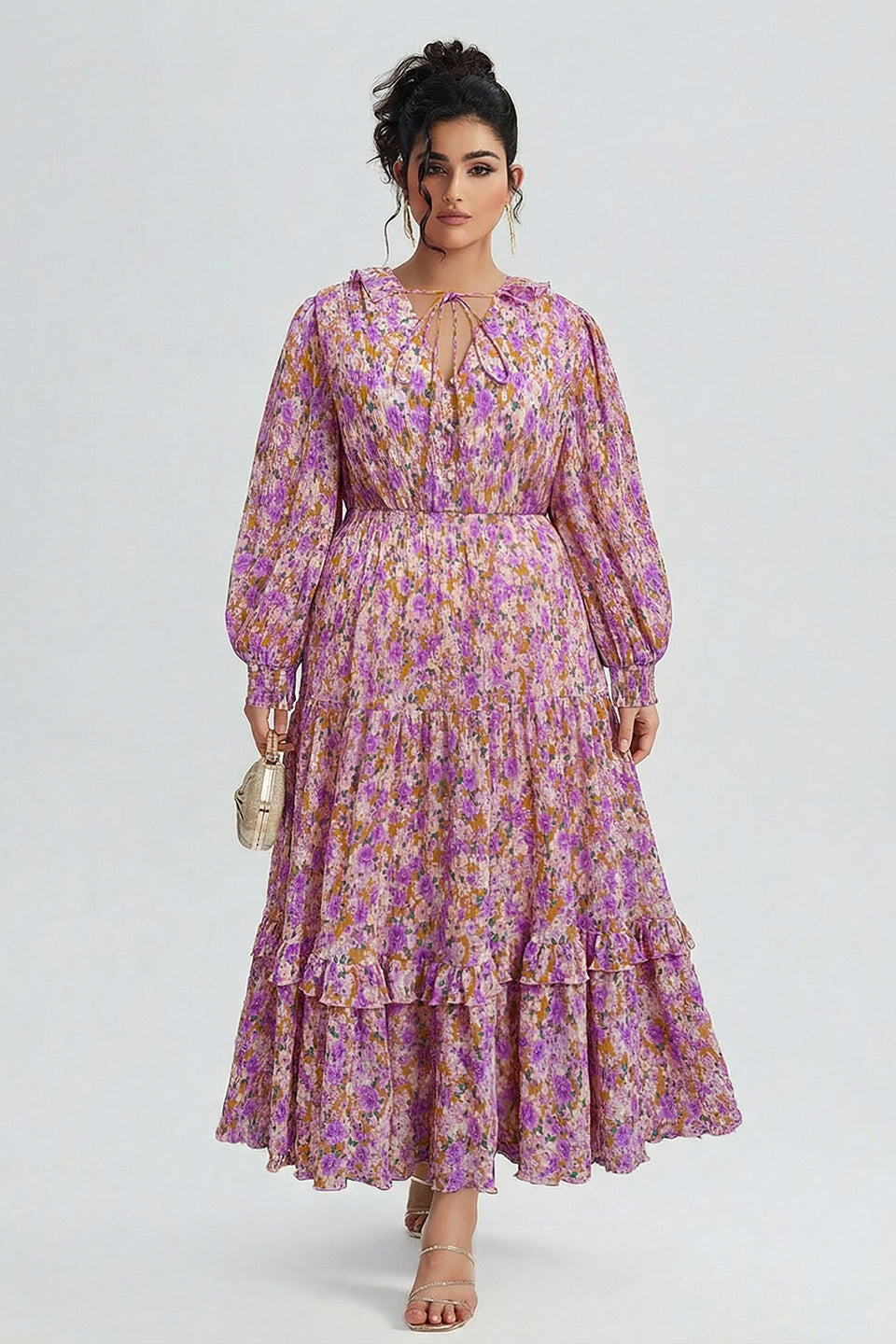 Curveins Plus Size V-Neck Floral Waist-Cinching Maxi Dress with Lantern Sleeves