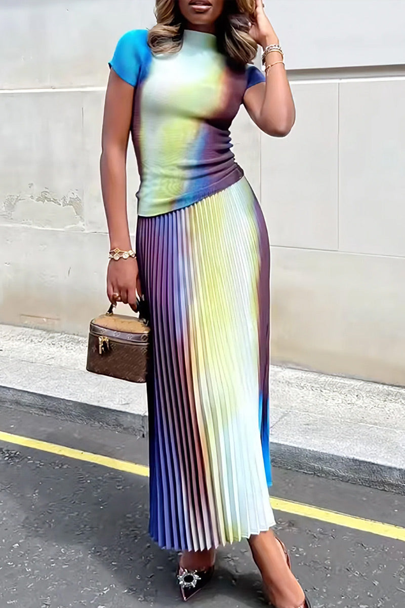 Women's Watercolor Ombre Gradient Mock Neck Short Sleeve Slim Fit Crop Top Or High Waist All Over Gradient Print Accordion Pleated Flowy Midi Skirt