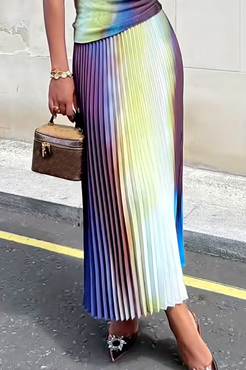 Women's Watercolor Ombre Gradient Mock Neck Short Sleeve Slim Fit Crop Top Or High Waist All Over Gradient Print Accordion Pleated Flowy Midi Skirt