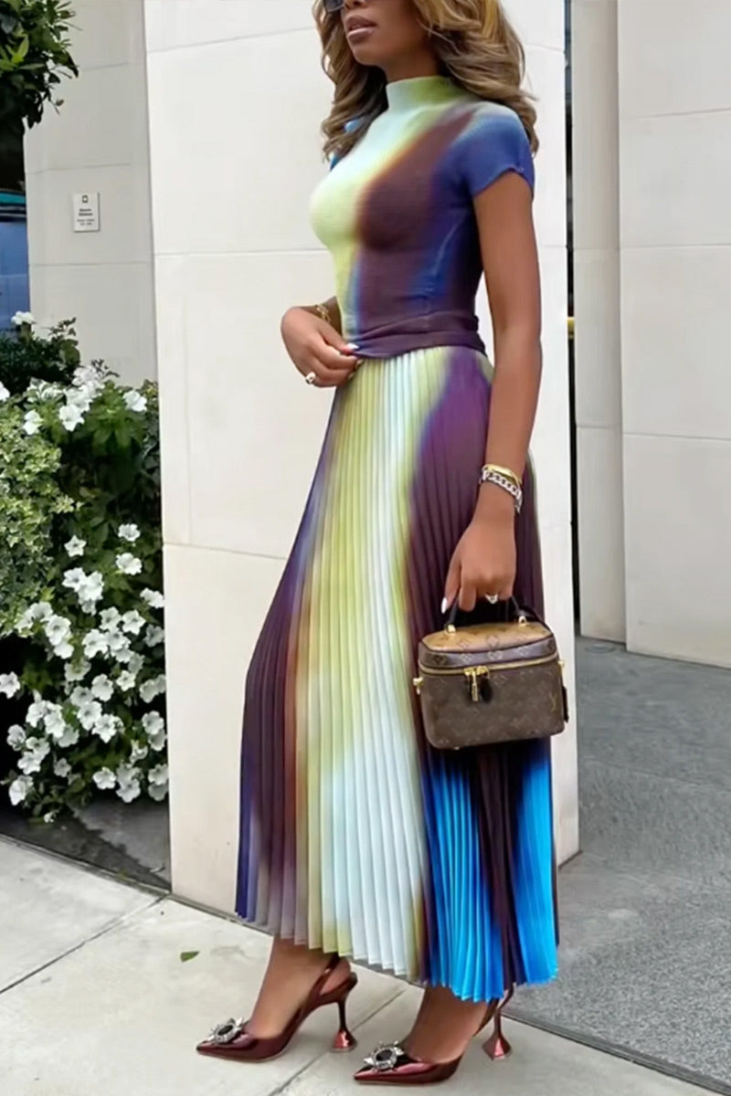 Women's Watercolor Ombre Gradient Mock Neck Short Sleeve Slim Fit Crop Top Or High Waist All Over Gradient Print Accordion Pleated Flowy Midi Skirt
