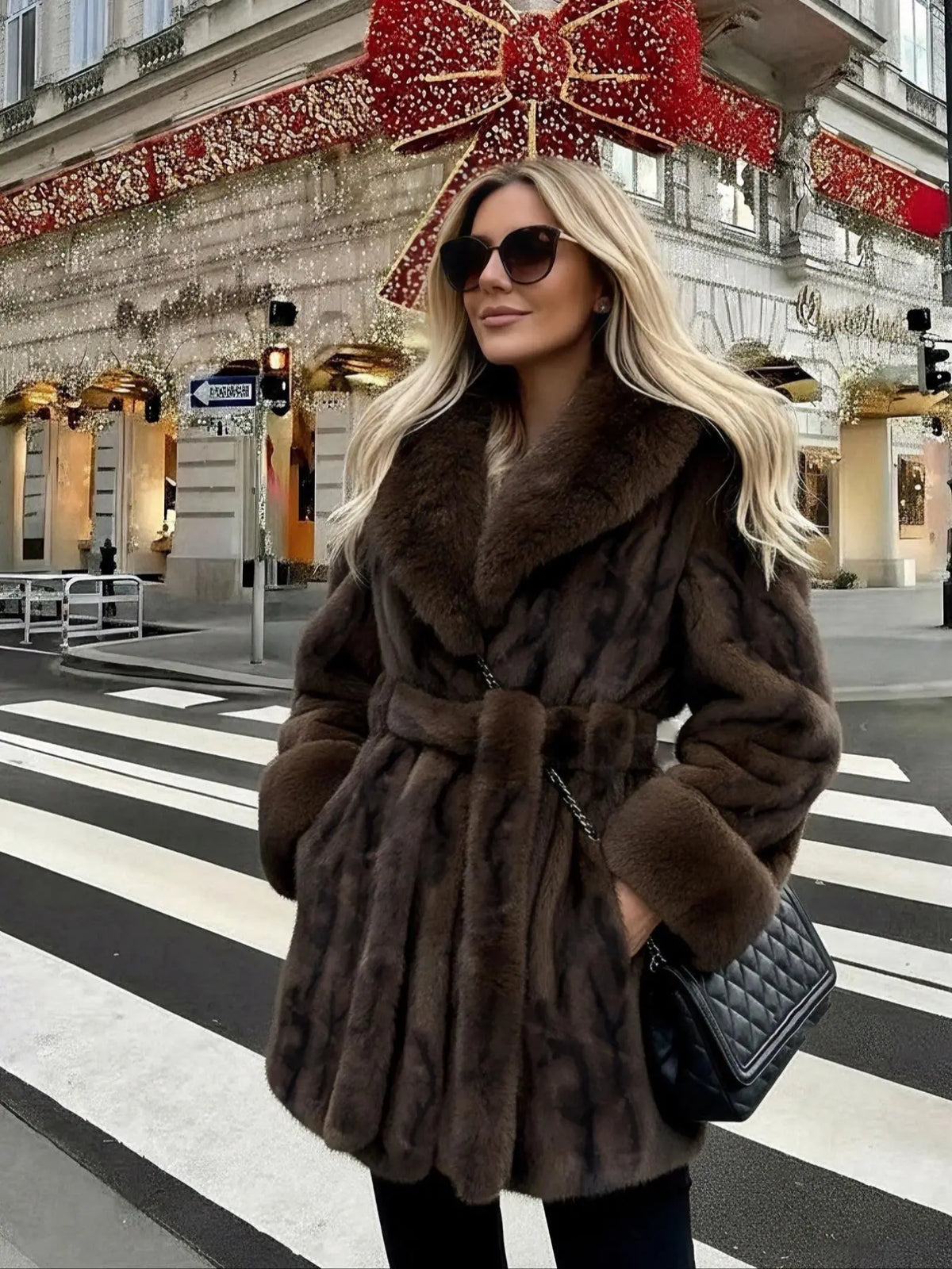 Women's Winter Fashion Faux Fur Coat, Vintage Loose Fit Long Sleeve Jacket, Large Fur Collar, Daily Wear Outerwear