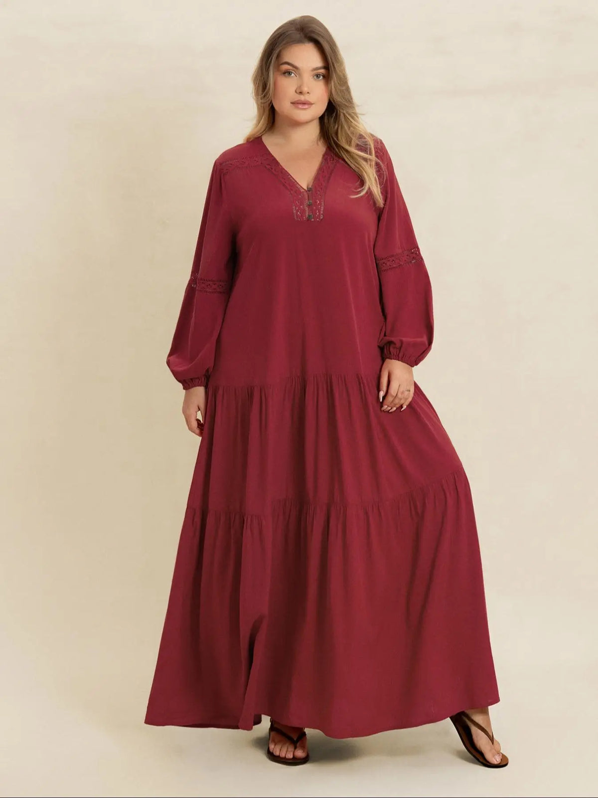 【Plus Size】 Plain V-Neck Long Sleeve Maxi Dress, Boho Modest Dress for Daily Holiday Vacation Wear, Women's Plus-Size Clothing for All Seasons