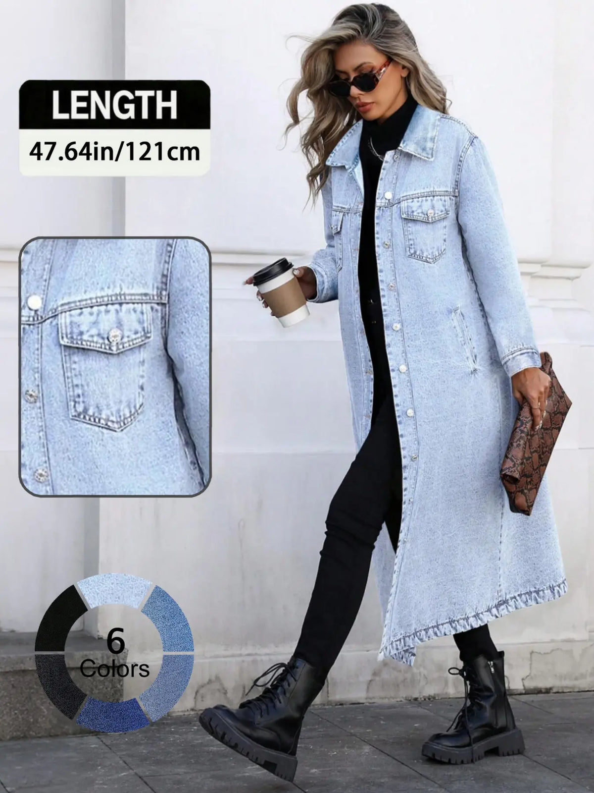 Women's Button Front Denim Coat, Elegant Casual Long Sleeve Denim Jacket for Spring & Fall, Women's Clothing for Daily Wear, Outerwear