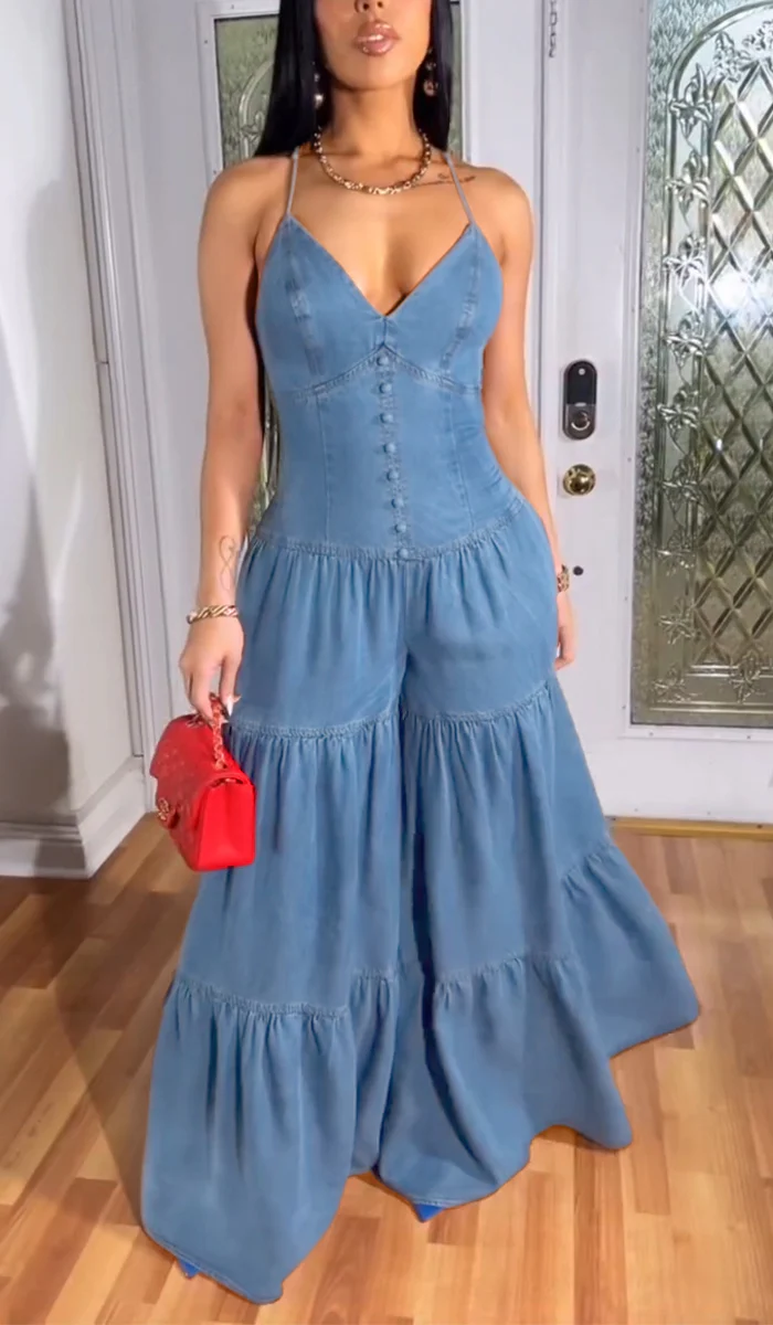 Women's Sexy Halterneck Sleeveless Denim Jumpsuit