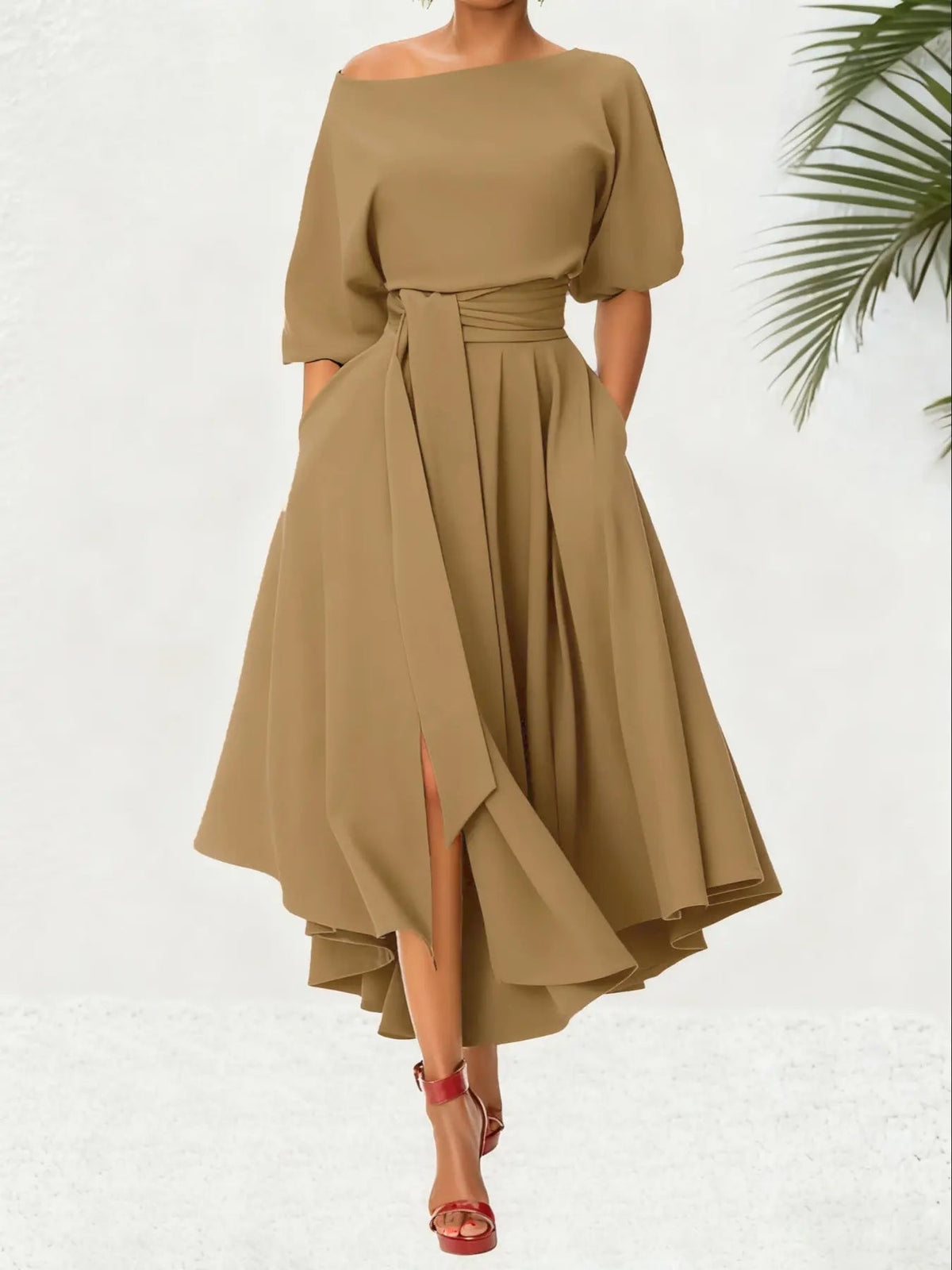 Women's Plain Belted Split Boat Neck Dress