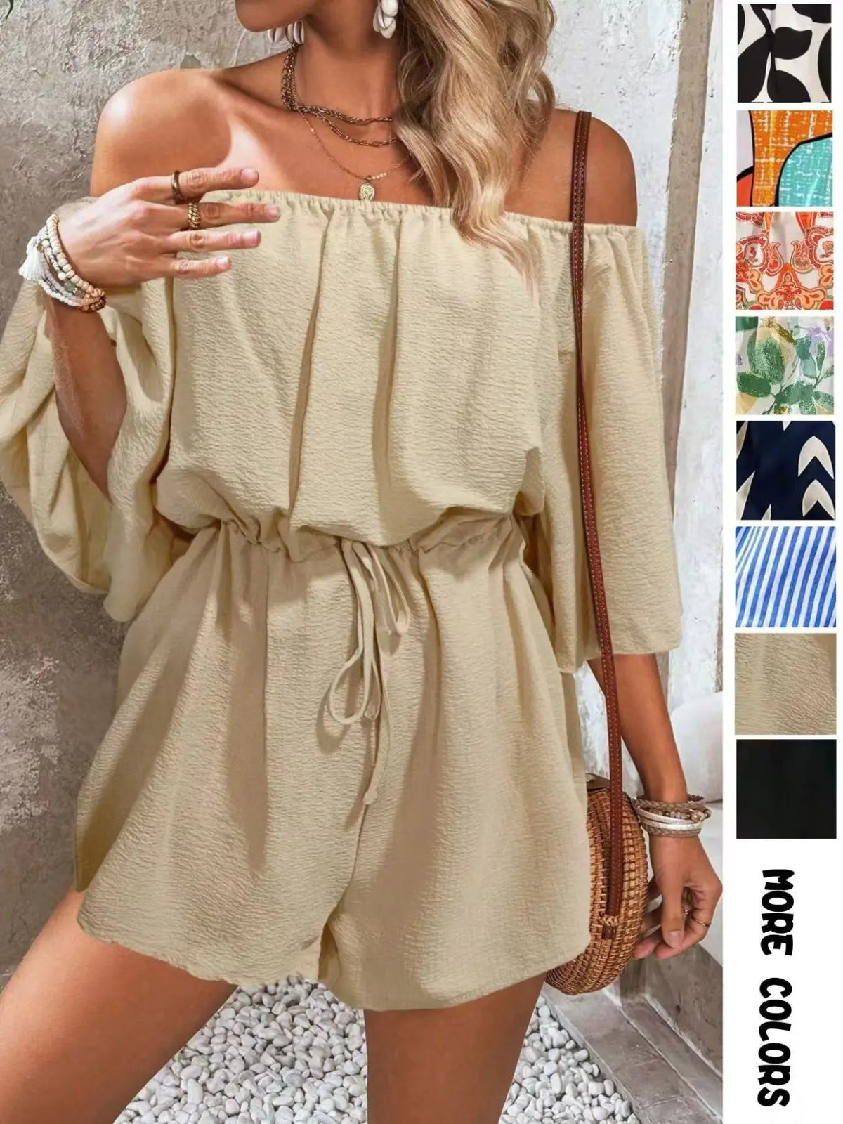 Women's Leaf Print Off Shoulder Tie Front Romper, Casual Flounce Sleeve Romper for Summer, Fashion Women's Clothing for Beach Holiday Vacation