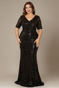 Curveins Plus Size V Neck Short Sleeve Bodycon Sequin Floral Maxi Dress