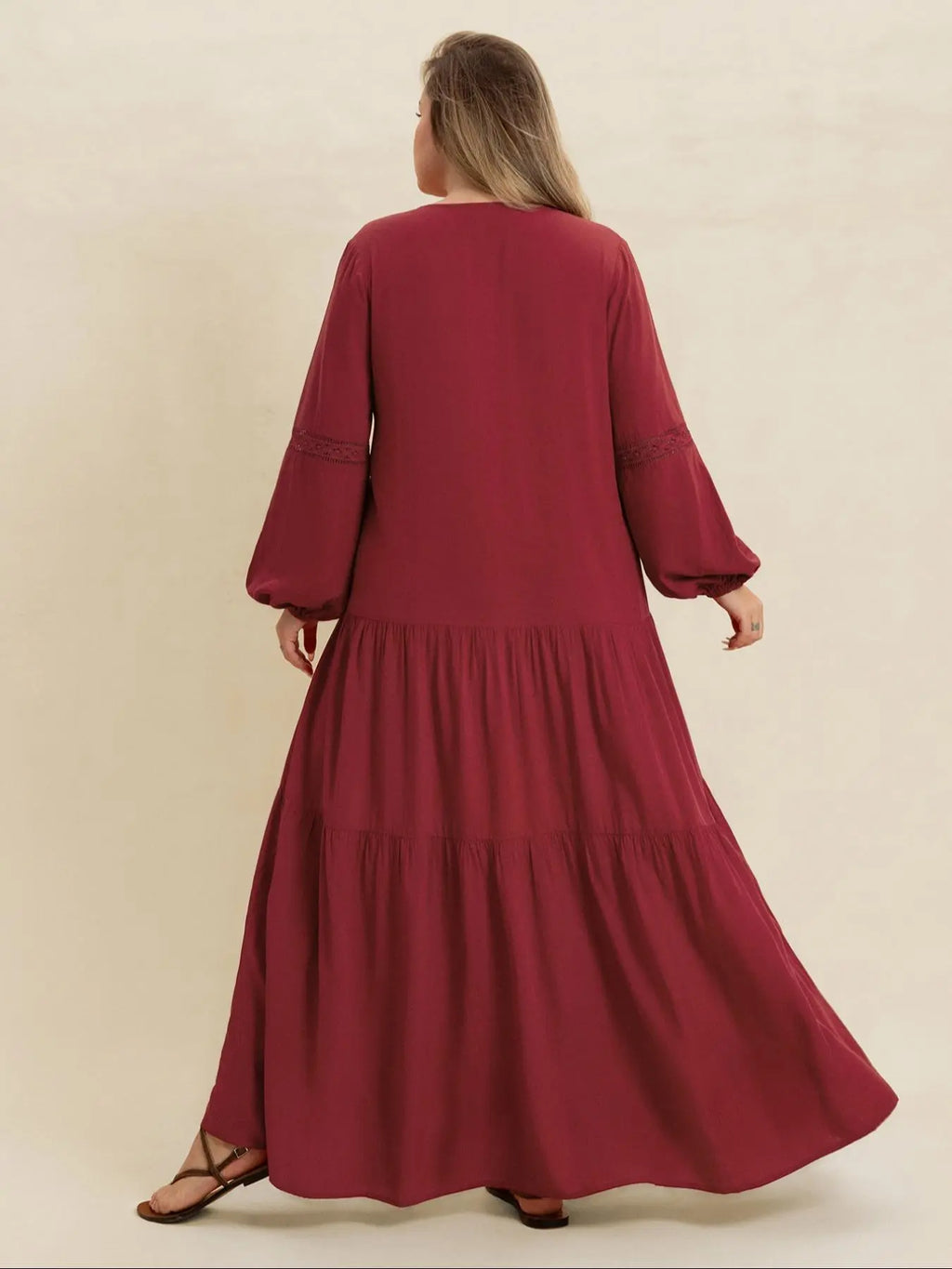 【Plus Size】 Plain V-Neck Long Sleeve Maxi Dress, Boho Modest Dress for Daily Holiday Vacation Wear, Women's Plus-Size Clothing for All Seasons