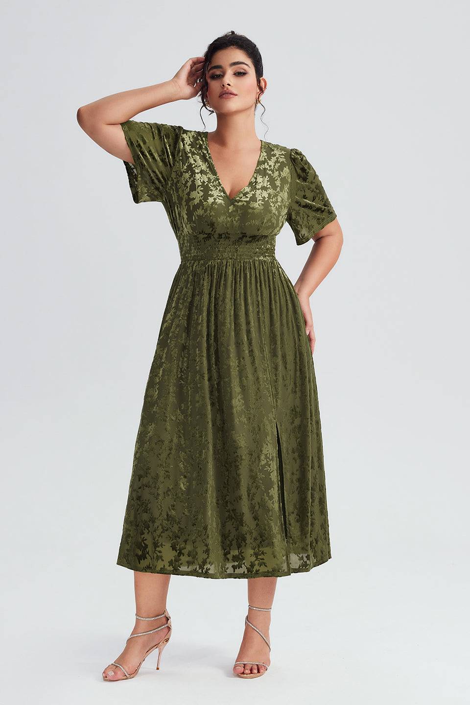 Curveins Plus Size Green Floral Velvet Maxi Dress