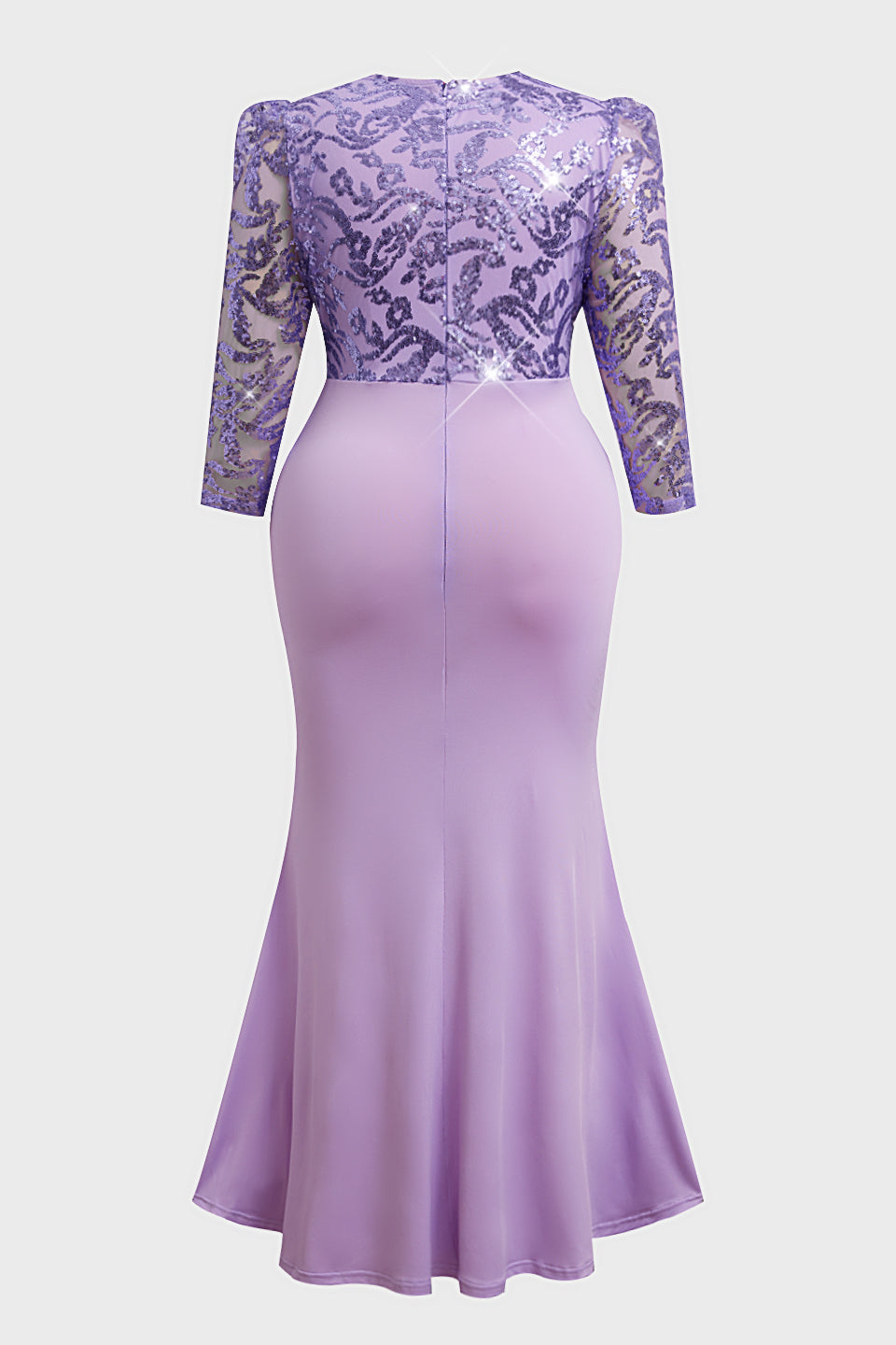 Curveins Plus Size Long Sleeve Lace Patchwork Sequin Maxi Dress with Round Neck
