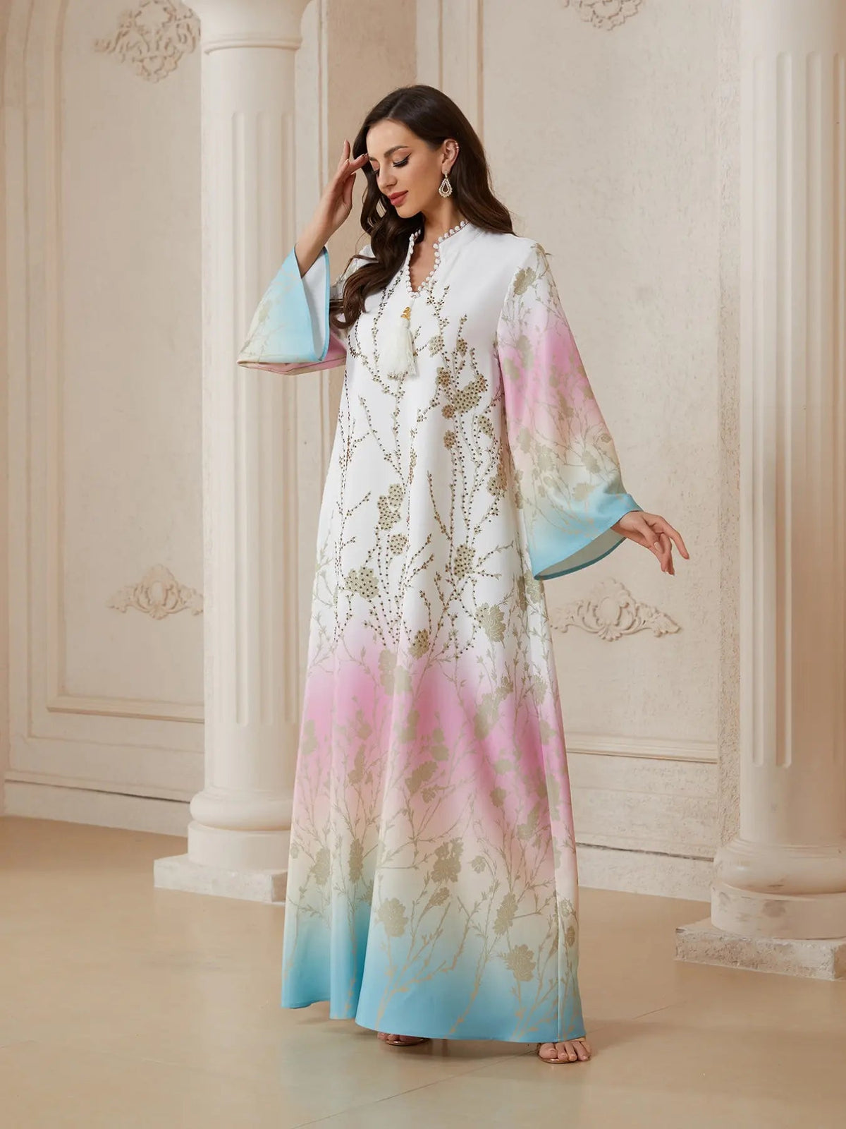 Women's V Neck Long Dress, All-Season Loose Fit A-Line Jalabiya, Soft 75D Stretch Fabric, Elegant Arabic Clothing