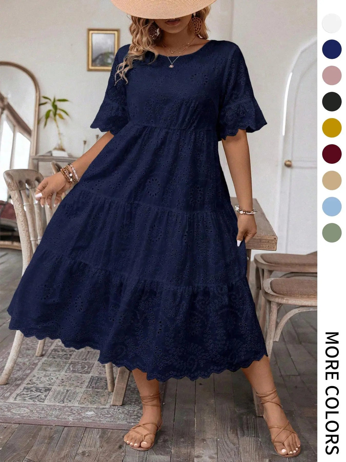 [Plus Size] Solid Eyelet Embroidery Dress, Boho-Style Round-Neck Dress for Vacation and Everyday Wear – Women's Summer Clothing