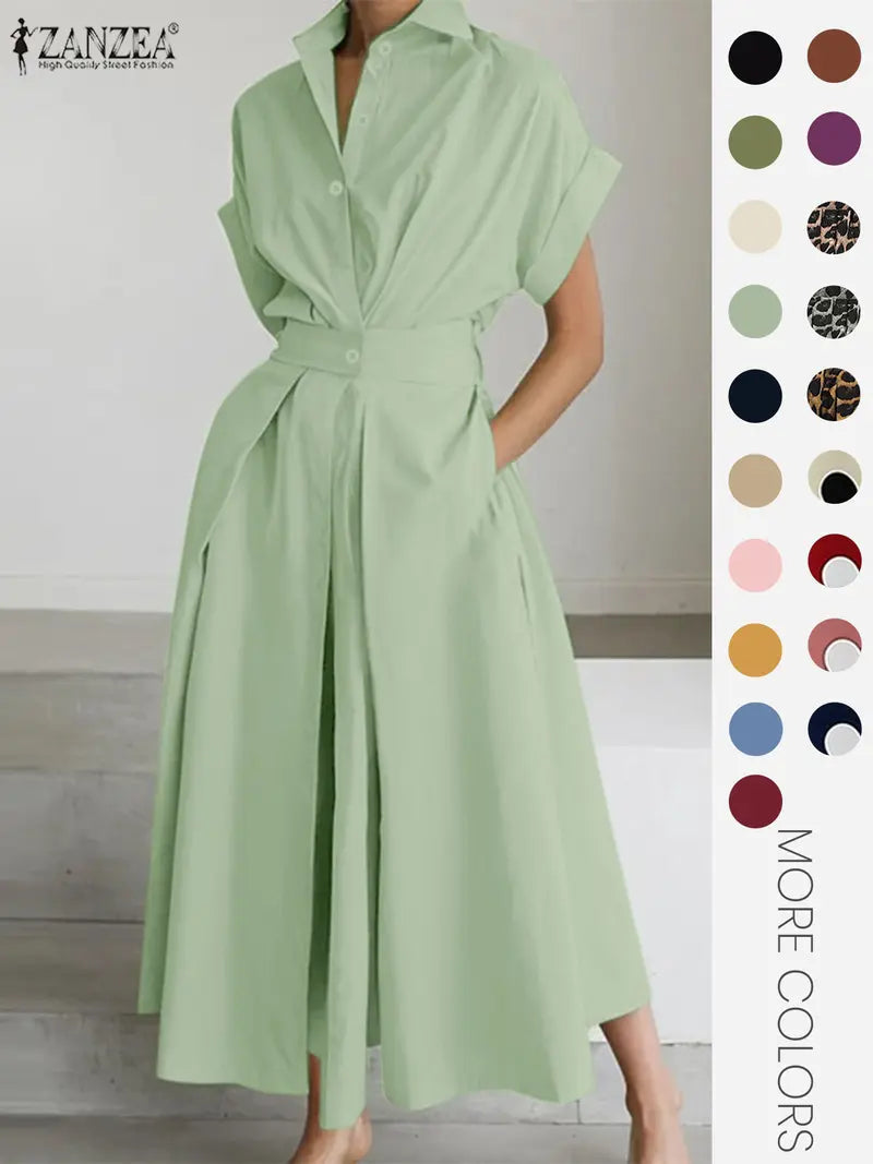 Women's Solid Color Collared Dress, Casual Short Sleeve  Dress for Summer, Ladies Clothes for Daily Wear
