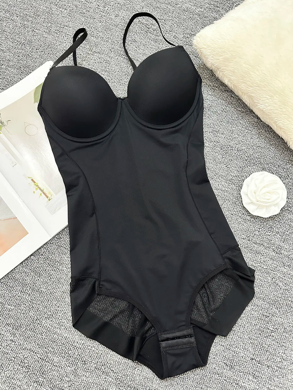 Women's Solid Color Contrast Mesh Sheer Cami Shapewear Bodysuit, Adjustable Strap Tummy Control Shapewear for All Seasons