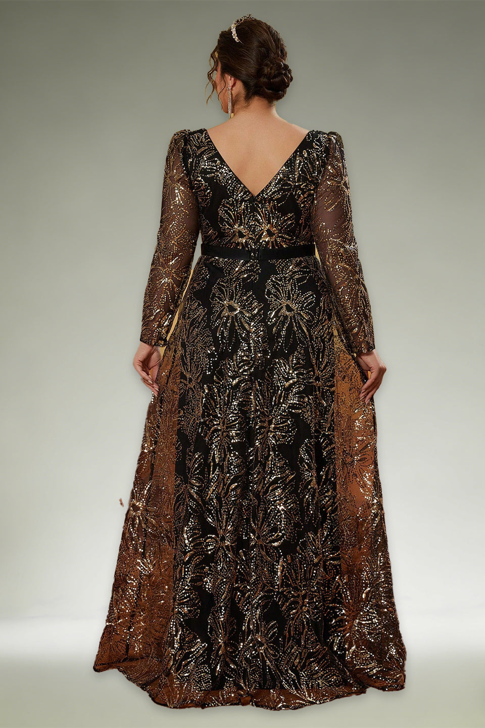 Curveins Plus Size Square Neck Long Sleeve Waist-Defined Sequin Pattern Dress