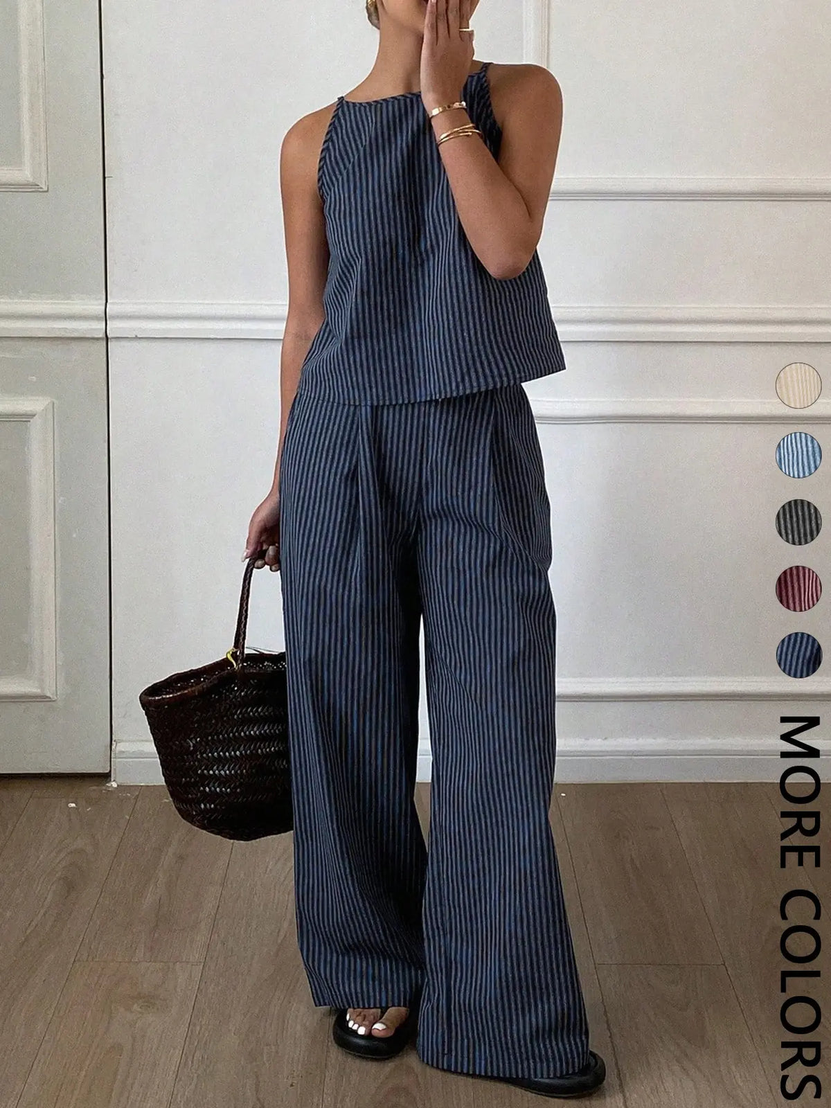 Two-Piece Women's Casual Summer Striped Lightweight Spaghetti Strap Sleeveless Top & Loose Long Pants Outfit Set, Comfortable Stylish Set