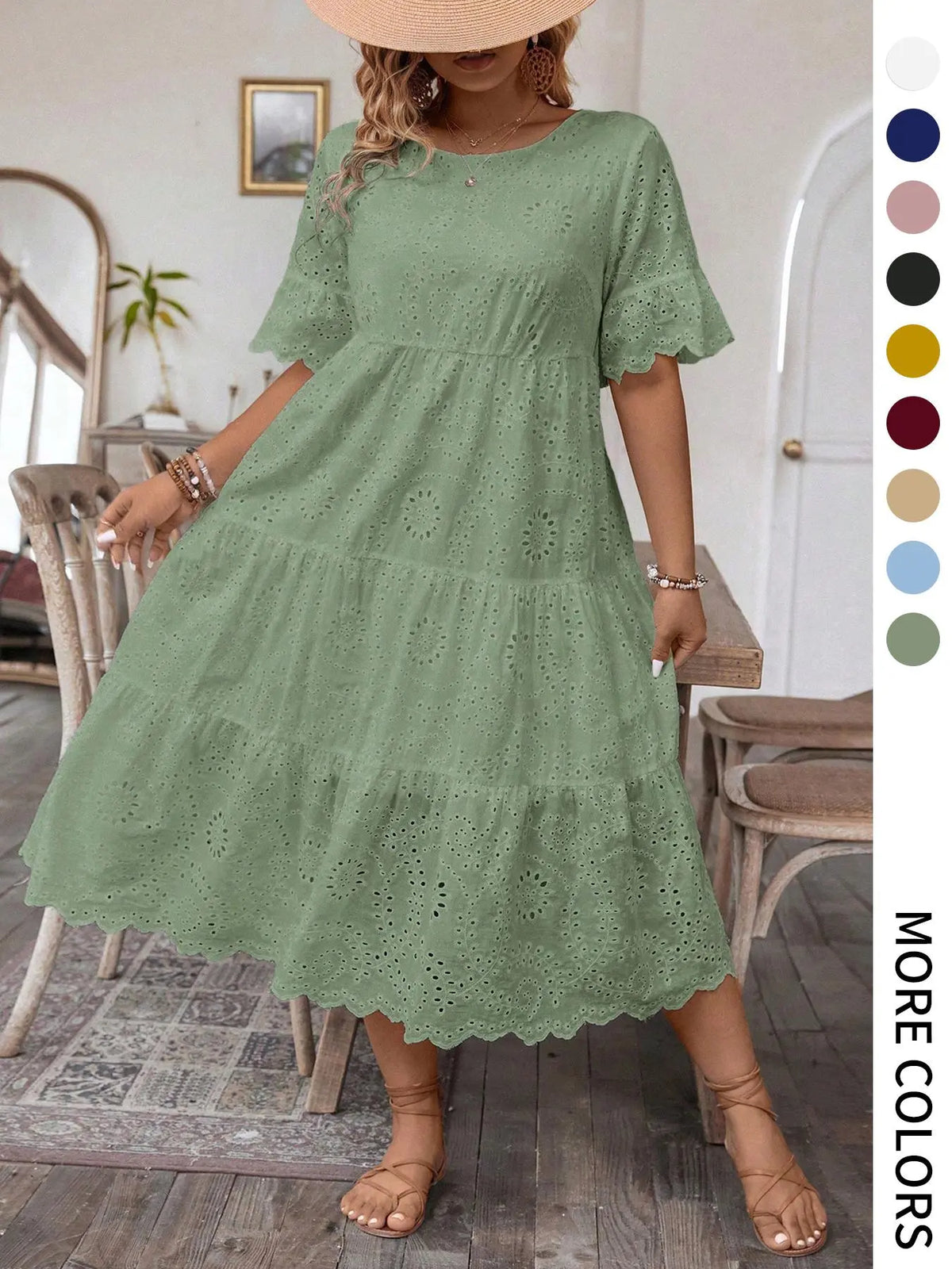 【Plus Size】 Solid Eyelet Embroidery Dress, Boho-Style Round-Neck Dress for Vacation and Everyday Wear – Women's Summer Clothing