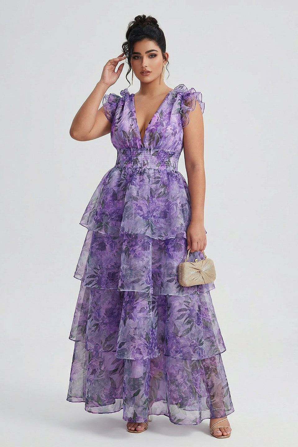 Curveins Plus Size V-Neck Sleeveless Floral Tiered Maxi Dress with Decorative Shoulder Detail