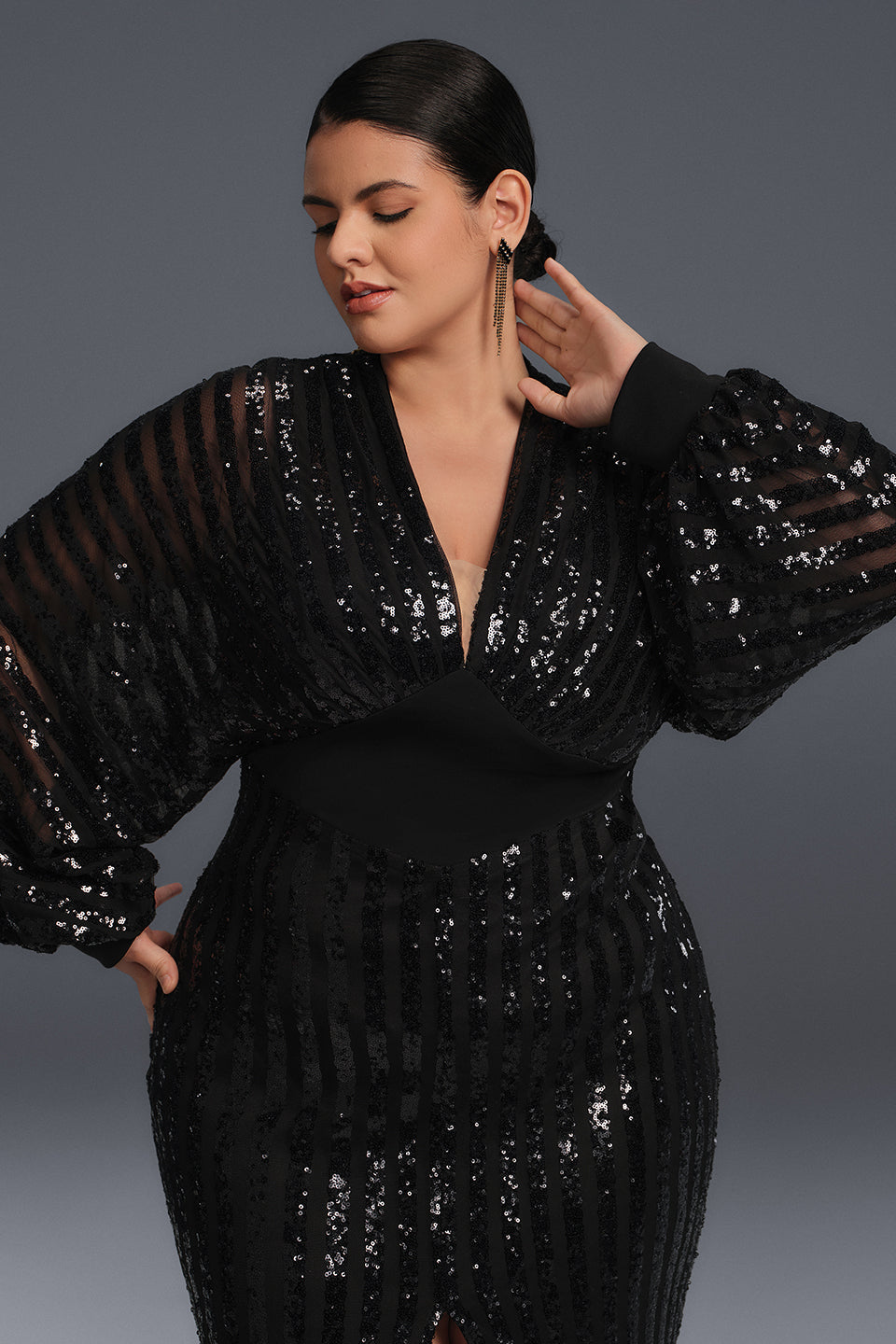 Curveins Plus Size Lantern Sleeve Slit Mesh Dress -Burgundy