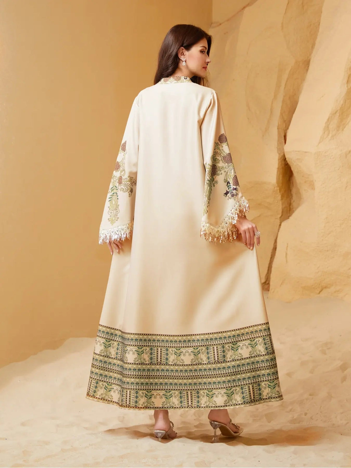 Women's Elegant Long Dress, Loose Fit Ethnic Print, Lace-Up Design, All-Season Wear, Perfect for Evening Occasions & Special Events