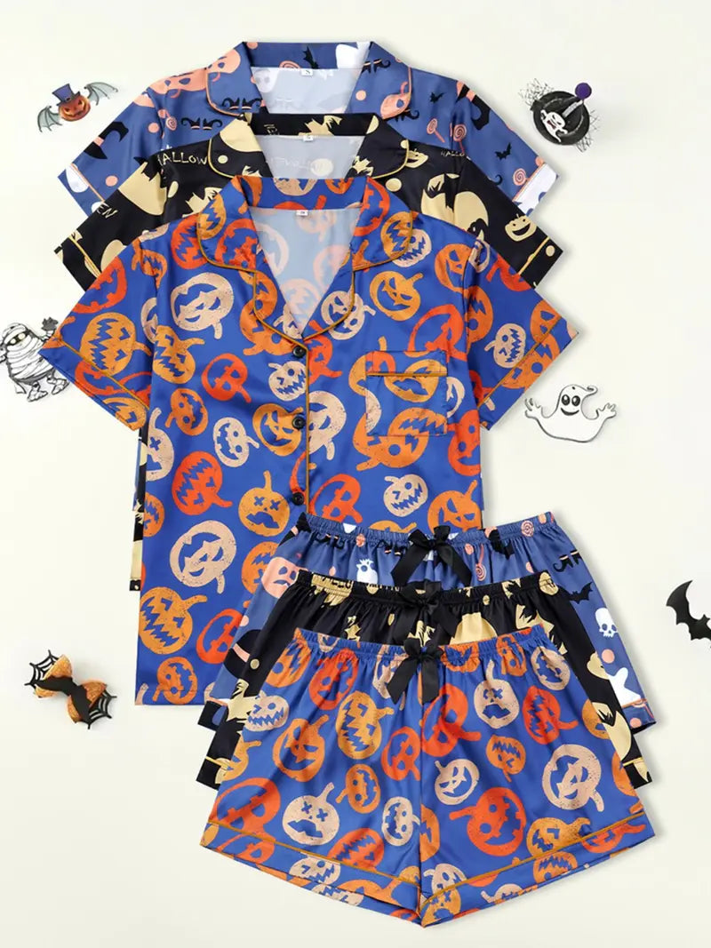 Women's Solid Contrast Binding Bow Decor Pajama Set, Short Sleeve Button Front Lapel Shirt & Shorts Pj Set, Ladies Summer Sleepwear & Loungewear