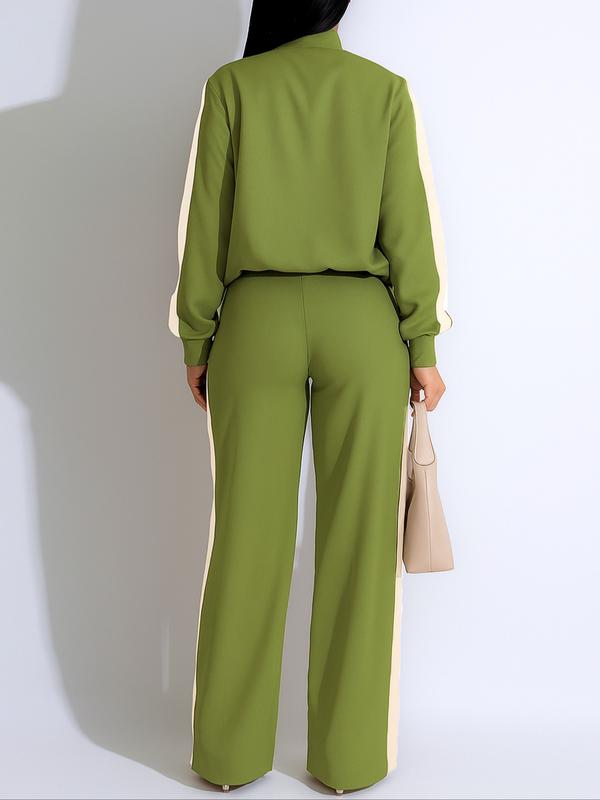 Two-piece Set Women's Patchwork  Top & Wide Leg Pants Set, Casual Long Sleeve  Outerwear & Pants for Daily Wear, Ladies Summer Clothes