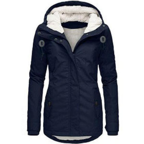 Winter Thickened Cotton Parka with Fleece Lining Hooded Warm Coat Mid-Length Women's Fitted Long Sleeve Outerwear Black Imitation Fur Tops for Casual Basic Minimalist Womenswear Elegance Style - Jackets