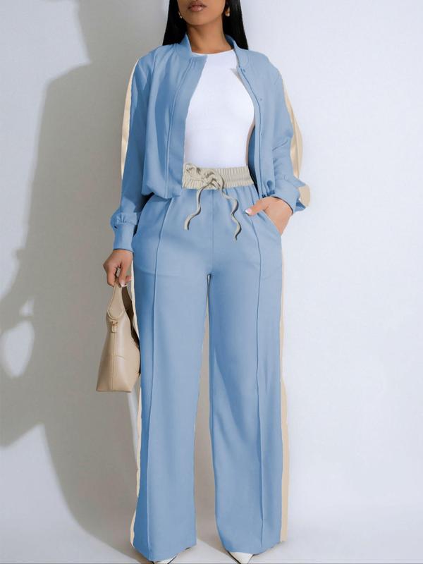 Two-piece Set Women's Patchwork  Top & Wide Leg Pants Set, Casual Long Sleeve  Outerwear & Pants for Daily Wear, Ladies Summer Clothes