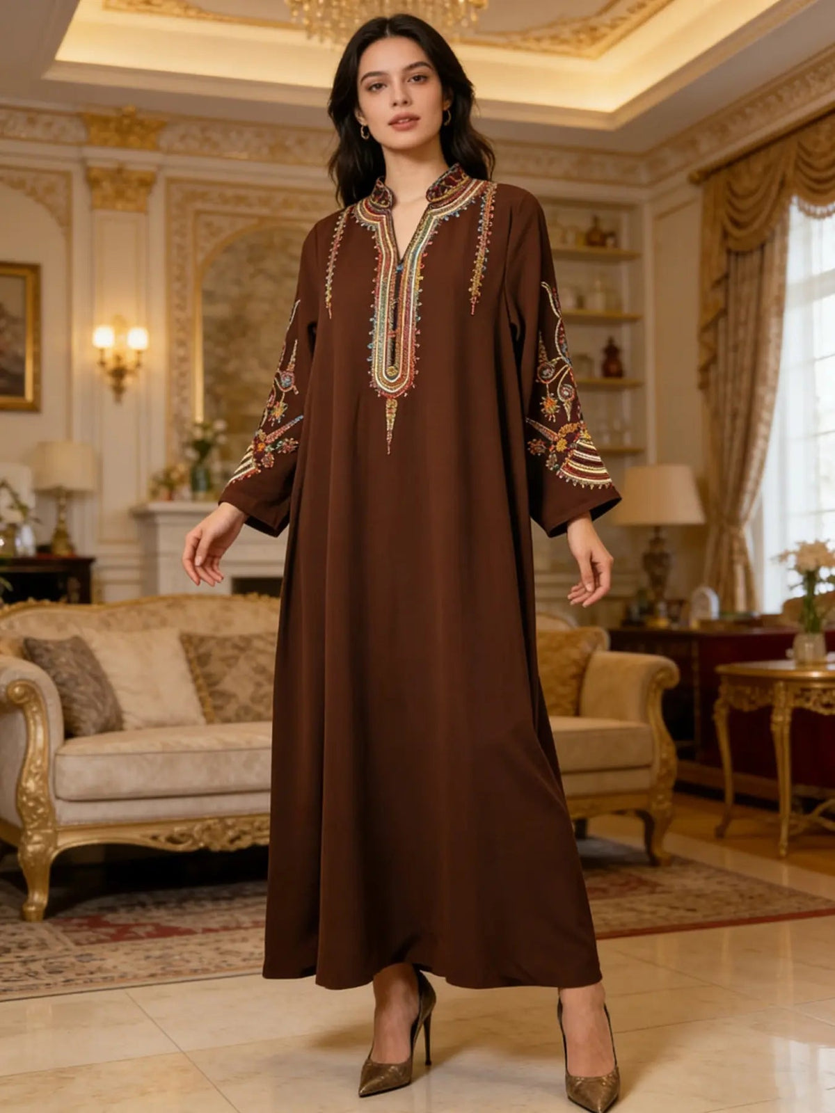 Elegant Muslim Women's Long Robe with Colorful Embroidery, Perfect for All Seasons, Stylish and Comfortable Clothing, Muslim Women Gowns
