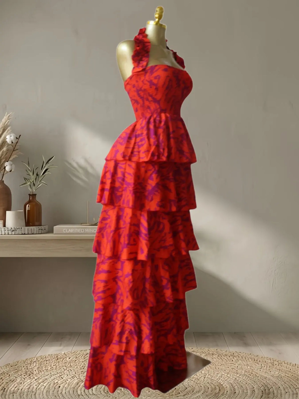 Women's Floral Print Layered Ruffle Midi Maxi Dress