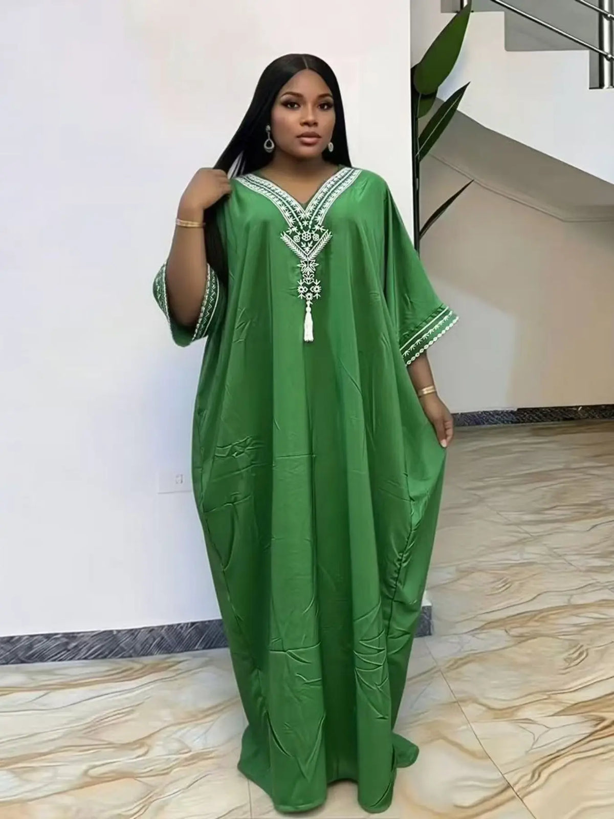 Women's Summer Solid Color Embroidered Fringe Caftan Casual Wear Dress with Pockets and Side Slit