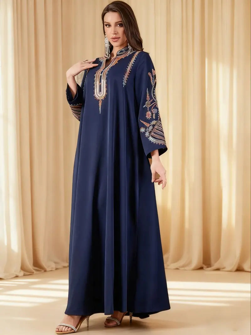 Elegant Muslim Women's Long Robe with Colorful Embroidery, Perfect for All Seasons, Stylish and Comfortable Clothing