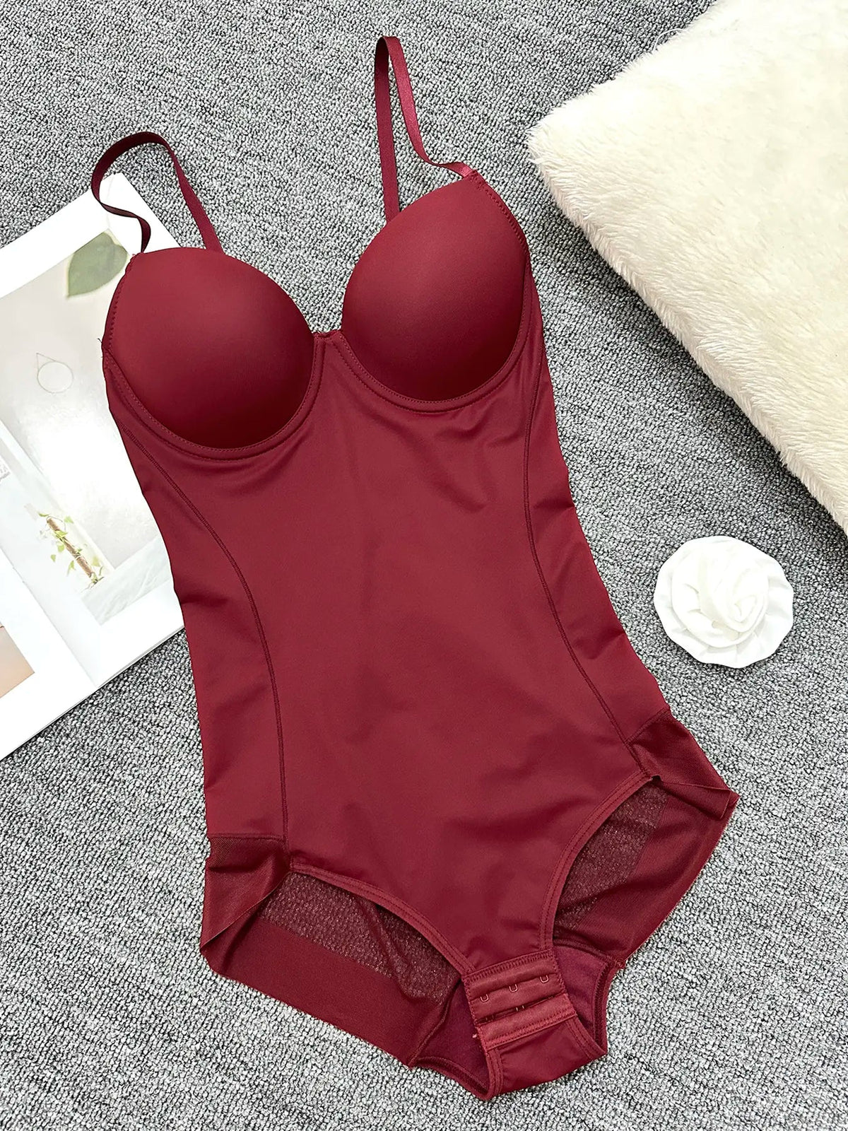 Women's Solid Color Contrast Mesh Sheer Cami Shapewear Bodysuit, Adjustable Strap Tummy Control Shapewear for All Seasons