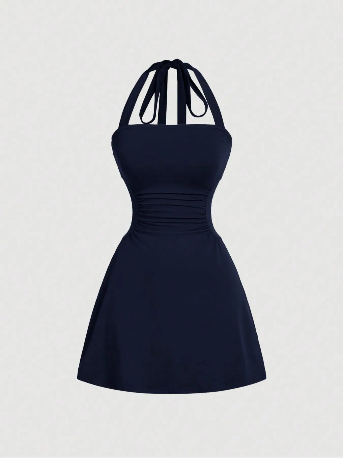 Women's Plain Ruched Tie Back Halter Neck Dress