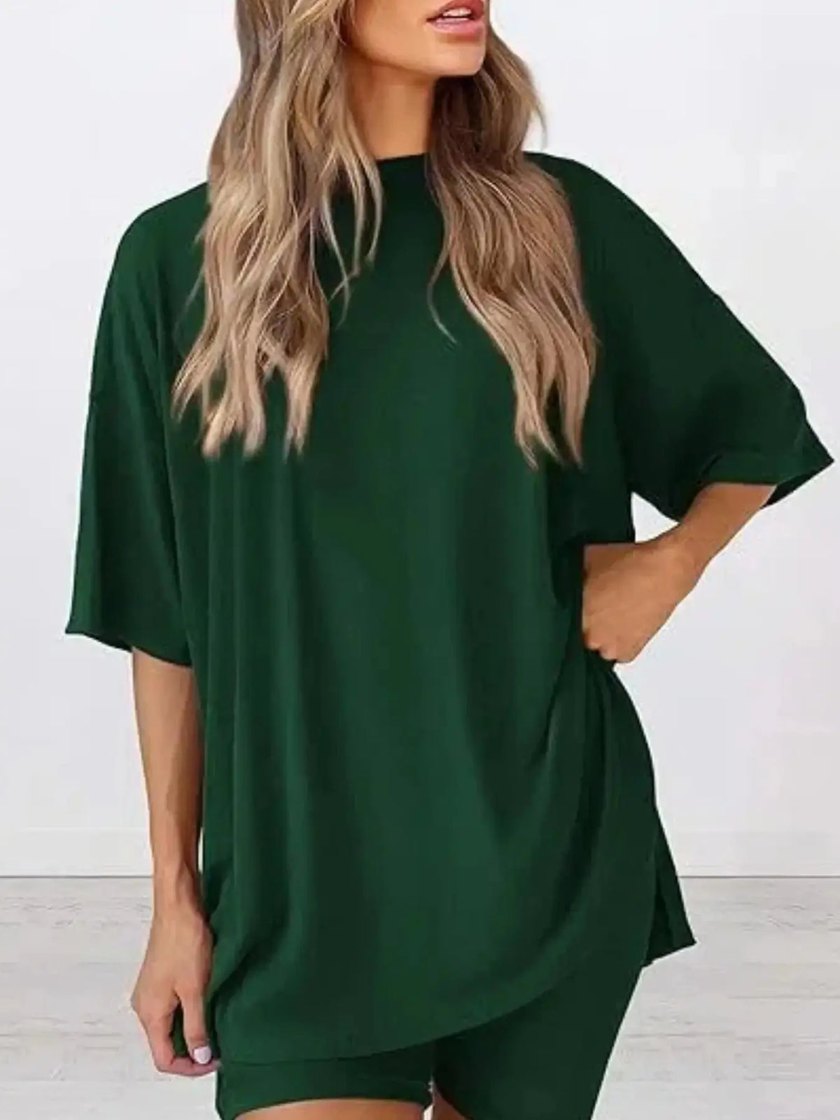 Women's Solid Color T-Shirt and Tight Shorts Set, Casual Summer Comfort Round Neck Sleepwear, Pocket Design, Outdoor Wear