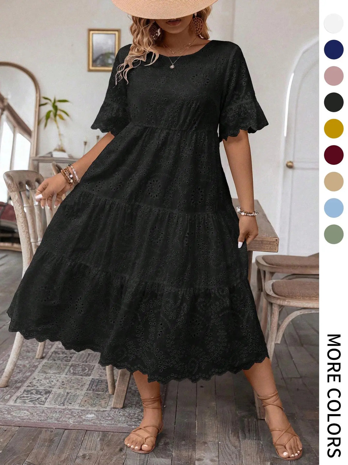 【Plus Size】 Solid Eyelet Embroidery Dress, Boho-Style Round-Neck Dress for Vacation and Everyday Wear – Women's Summer Clothing