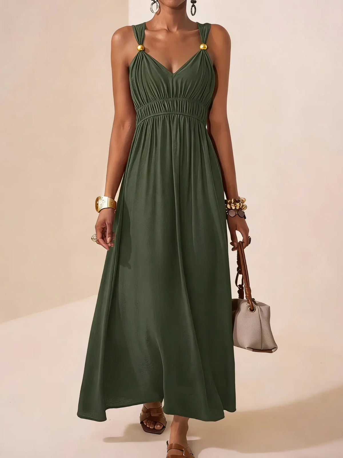 Long Sleeveless Thin Strap Deep V Neck Elegant A-Line Dress