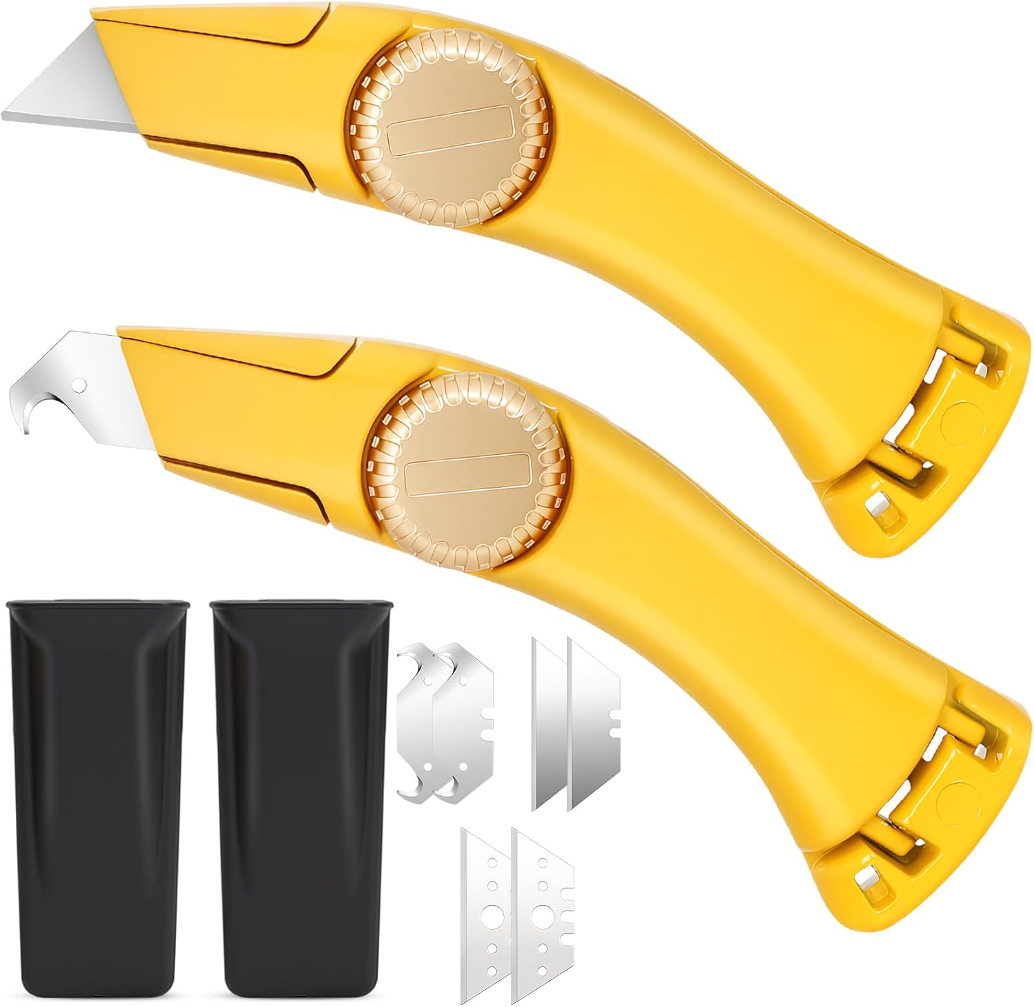 2-Pack Heavy Duty Roofing Knife Fixed Blade - Safety Yellow Utility Knife with Holster & Hook Blades - High-Vis Aluminum Carpet, Drywall & Shingle Cutter Tool with Thumb Wheel