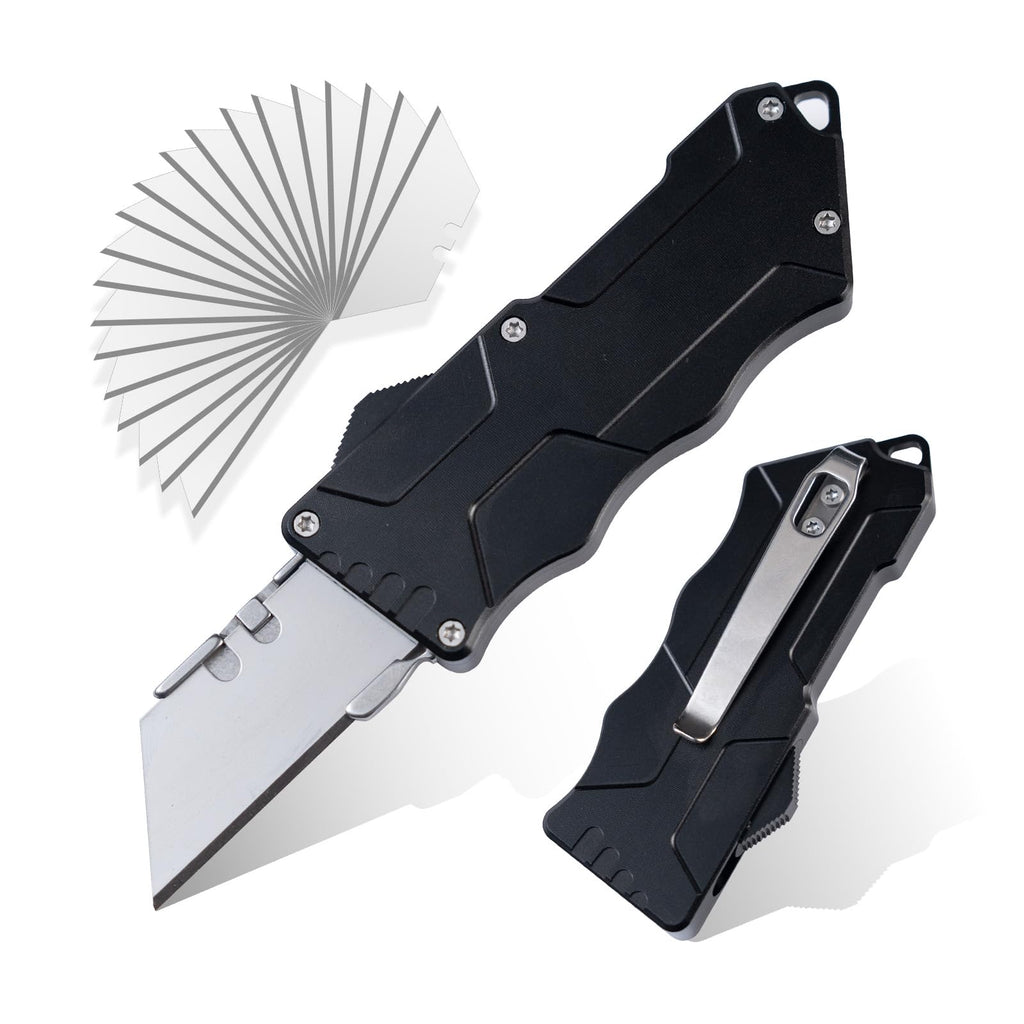 XXOK Automatic utility Knife EDC Auto Box Cutters Retractable Heavy Duty Cardboard Cutter Replaceable Blade Pocket Knife With Clip With 20pcs Spare Blades Orange