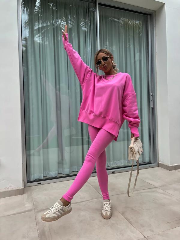Oversize Two-Piece Set Women's  Split Hem Sweatshirt & Skinny Pants, Casual Fashion Cozy Round Neck Long Sleeve Pullover Women's Clothing for Fall & Basic Winter  Suits Womenswear Gamis
