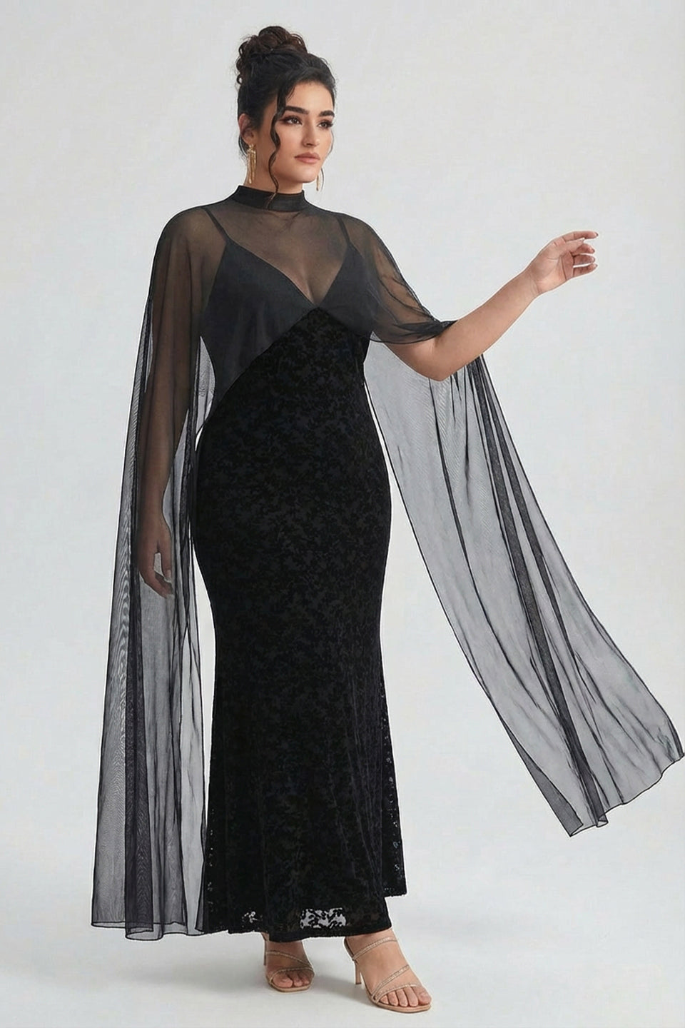 Curveins Plus Size Flattering V-Neck Cape Style Sleeveless Velvet Maxi Dress
