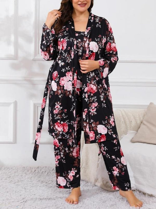 [Plus Size] Three-Piece Set Floral Print Belted Lounge Robe & Cami Top & Elastic Waist Pants Pyjama Set