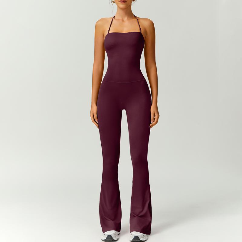 Women's Halter Neck Bodycon Flared Leg Jumpsuit – Stylish & Comfortable for Fitness & Fashion,Stylish & Comfortable Athleisure Outfit, Butt Lifting, High Waist Workout Gym Clothing Stretchable Activewear,jumpsuit women